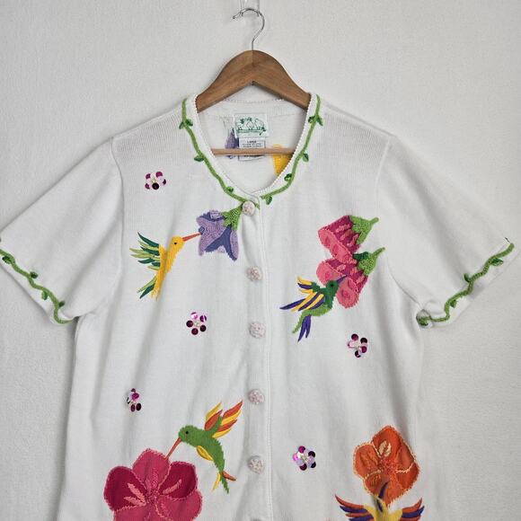Quacker Factory Cardigan Sweater sz L White Multi Hummingbird Flowers Sequins - Picture 2 of 16